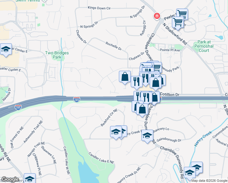 map of restaurants, bars, coffee shops, grocery stores, and more near 1578 Chateau Club in Dunwoody