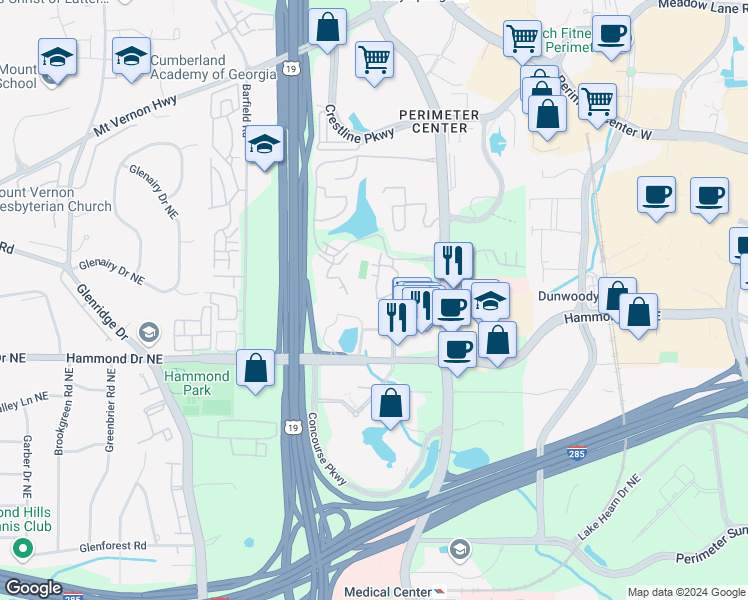map of restaurants, bars, coffee shops, grocery stores, and more near 510 Garden Court in Sandy Springs