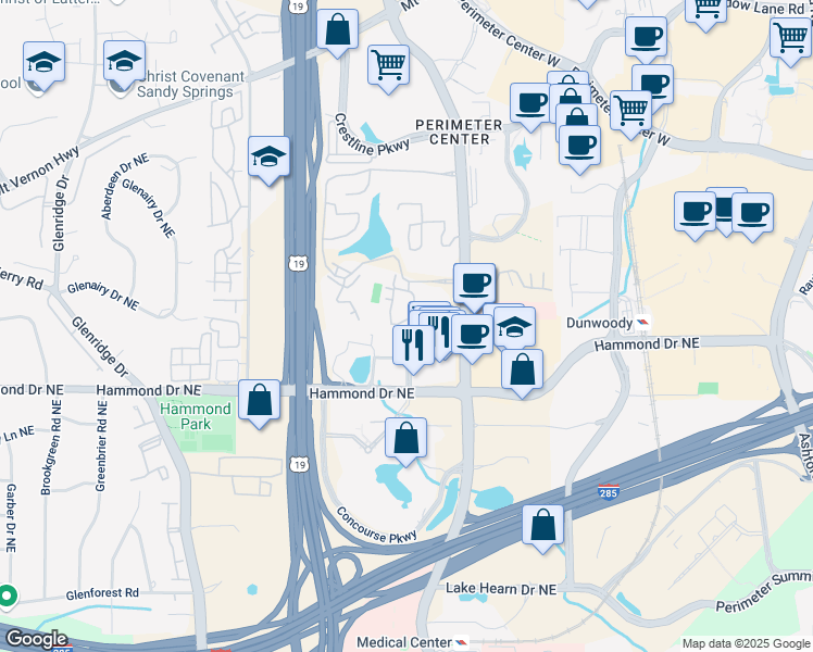 map of restaurants, bars, coffee shops, grocery stores, and more near 510 Garden Court in Sandy Springs
