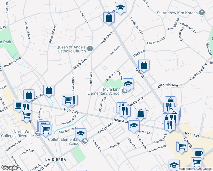 map of restaurants, bars, coffee shops, grocery stores, and more near 10490 Cook Avenue in Riverside