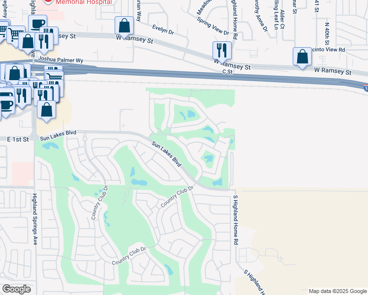 map of restaurants, bars, coffee shops, grocery stores, and more near 689 Twin Hills Drive in Banning