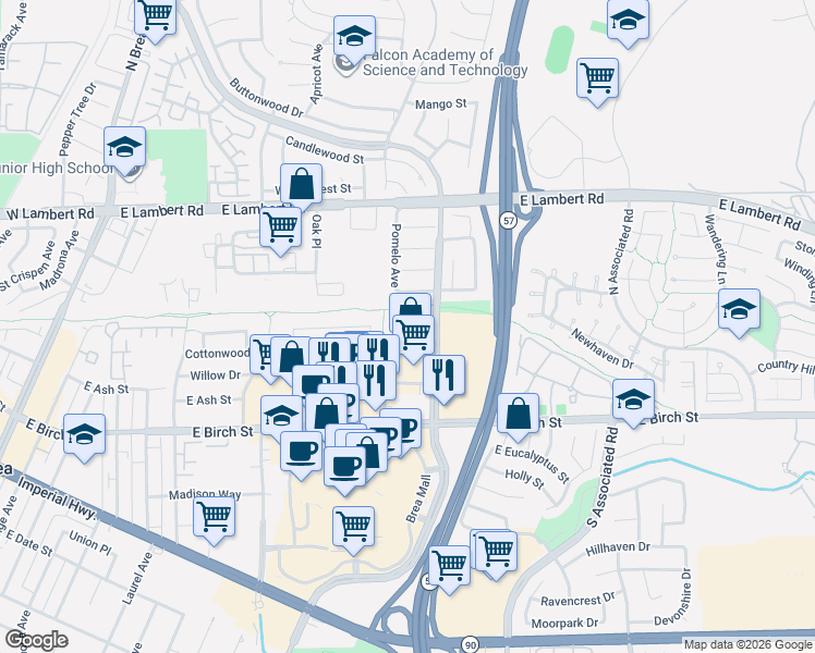 map of restaurants, bars, coffee shops, grocery stores, and more near 115 South State College Boulevard in Brea
