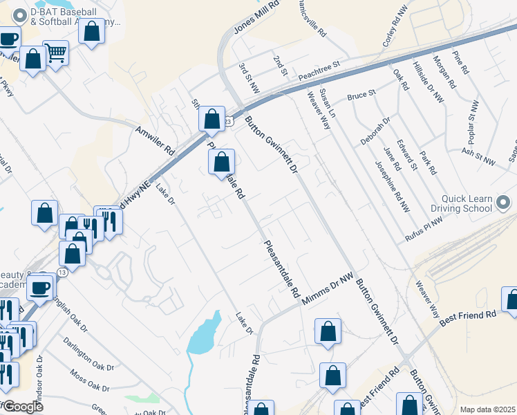map of restaurants, bars, coffee shops, grocery stores, and more near 6471 Pleasantdale Road in Atlanta
