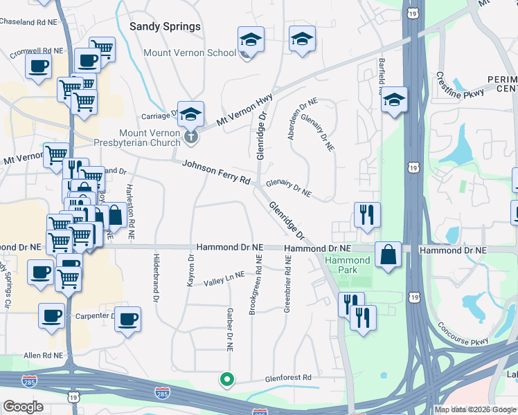map of restaurants, bars, coffee shops, grocery stores, and more near 126 Austin Drive in Atlanta