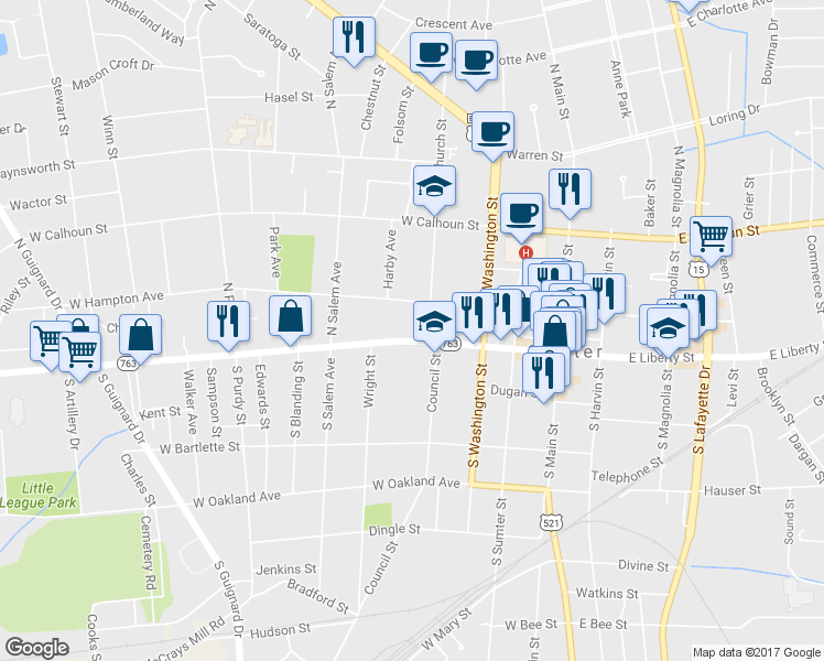 map of restaurants, bars, coffee shops, grocery stores, and more near 307 W Liberty St in Sumter