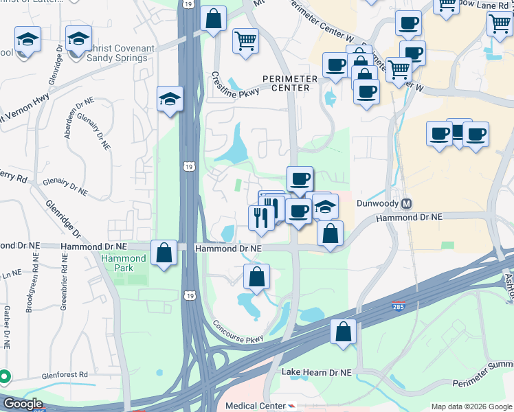 map of restaurants, bars, coffee shops, grocery stores, and more near 510 Garden Court in Sandy Springs