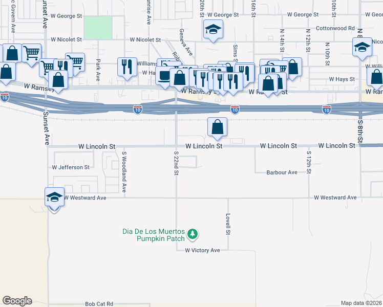 map of restaurants, bars, coffee shops, grocery stores, and more near 2079 West Monroe Street in Banning