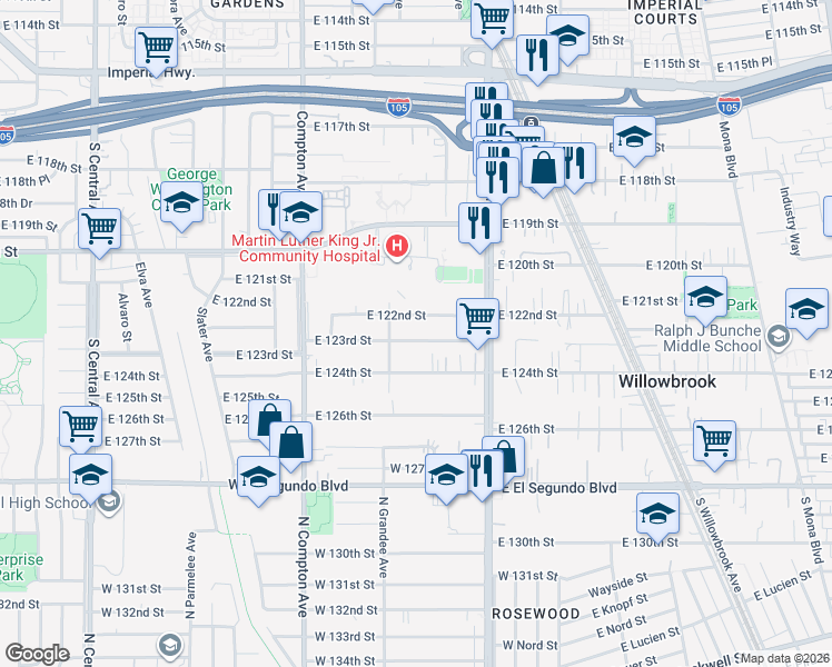 map of restaurants, bars, coffee shops, grocery stores, and more near 1727 East 123rd Street in Los Angeles