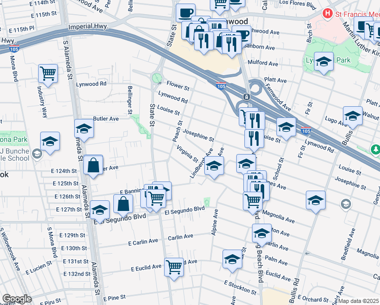 map of restaurants, bars, coffee shops, grocery stores, and more near 3245 Virginia Street in Lynwood