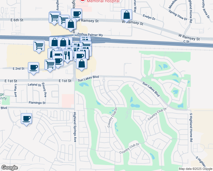 map of restaurants, bars, coffee shops, grocery stores, and more near 5958 Brookside Drive in Banning
