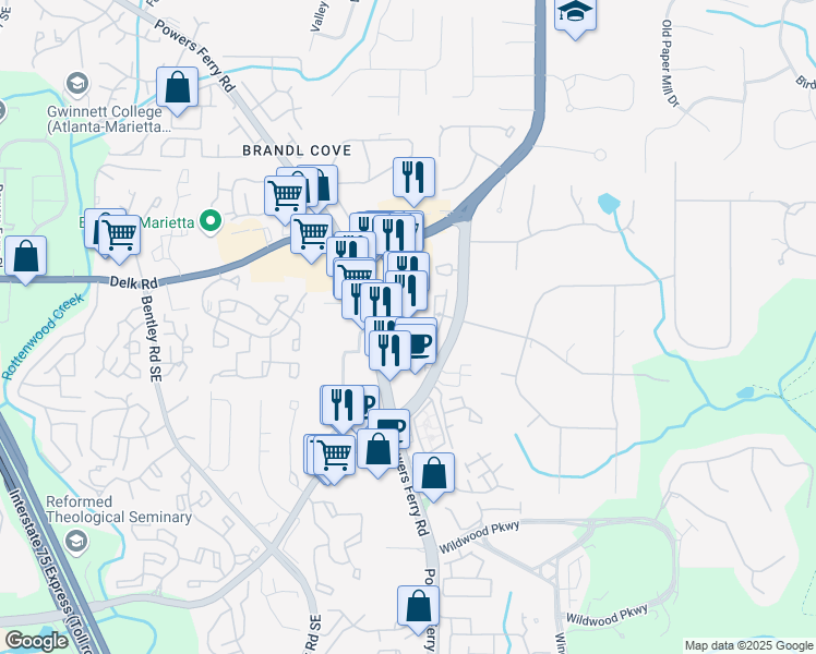 map of restaurants, bars, coffee shops, grocery stores, and more near 1275 Powers Ferry Road in Marietta
