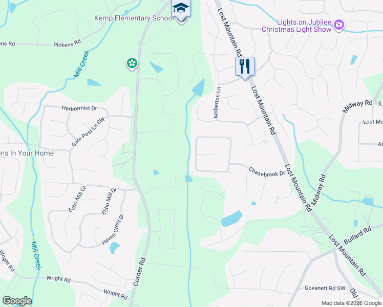 map of restaurants, bars, coffee shops, grocery stores, and more near 4850 Chasestone Court in Powder Springs