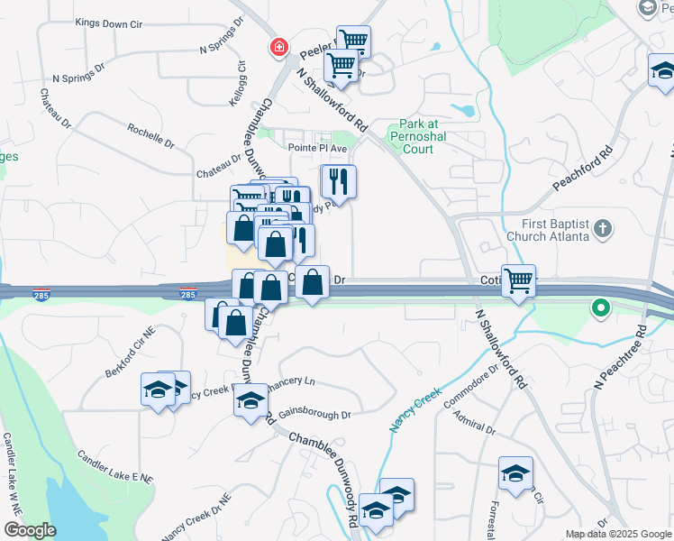 map of restaurants, bars, coffee shops, grocery stores, and more near 1850 Cotillion Drive in Dunwoody