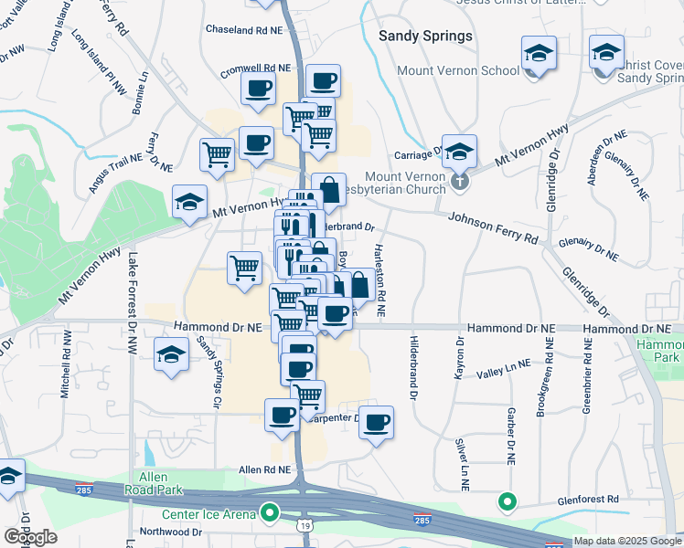map of restaurants, bars, coffee shops, grocery stores, and more near 6079 Boylston Drive Northeast in Atlanta
