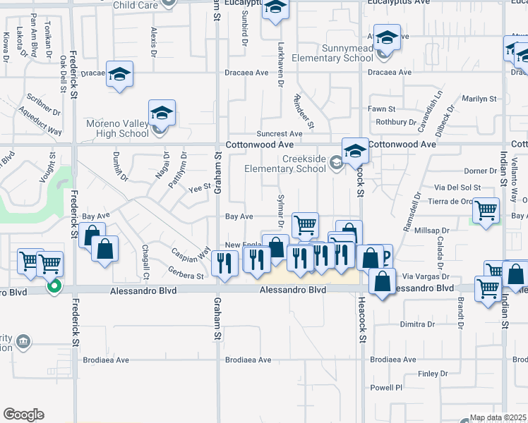 map of restaurants, bars, coffee shops, grocery stores, and more near 23670 Bay Avenue in Moreno Valley