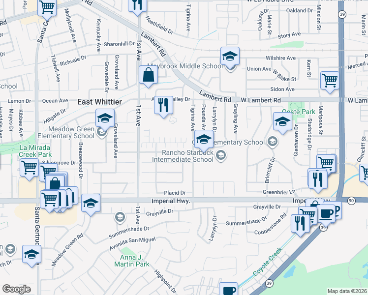 map of restaurants, bars, coffee shops, grocery stores, and more near 16366 Cameo Court in Whittier