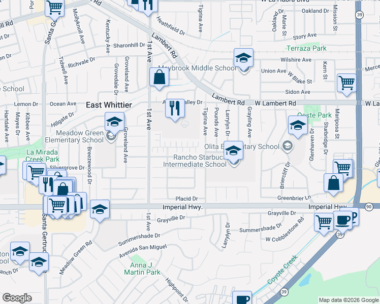 map of restaurants, bars, coffee shops, grocery stores, and more near 16316 Candlelight Drive in Whittier