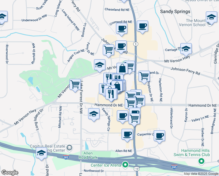 map of restaurants, bars, coffee shops, grocery stores, and more near 151 Sandy Springs Place Northeast in Sandy Springs