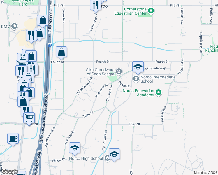 map of restaurants, bars, coffee shops, grocery stores, and more near 2698 Corona Avenue in Norco