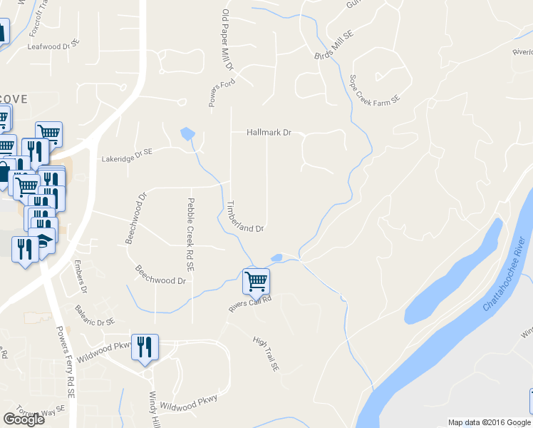 map of restaurants, bars, coffee shops, grocery stores, and more near 1307 Timberland Drive in Marietta