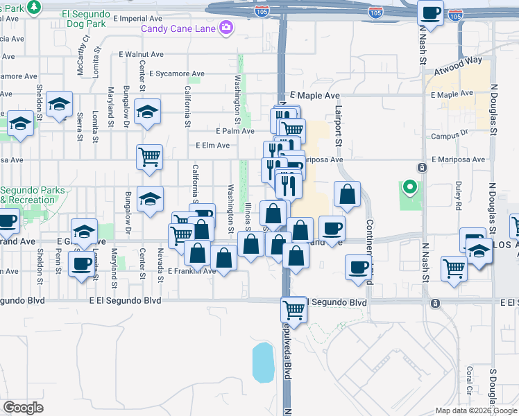 map of restaurants, bars, coffee shops, grocery stores, and more near 400 Illinois Street in El Segundo