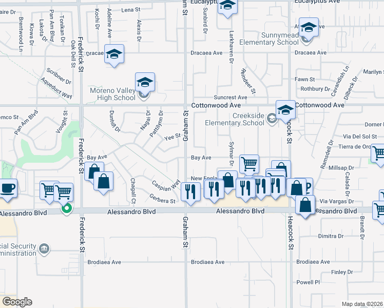 map of restaurants, bars, coffee shops, grocery stores, and more near 23530 Bay Avenue in Moreno Valley