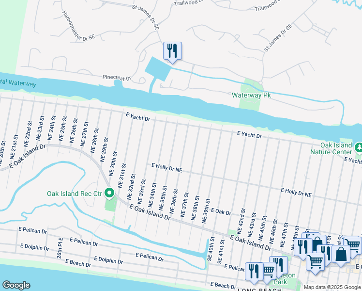 map of restaurants, bars, coffee shops, grocery stores, and more near 223 Northeast 36th Street in Oak Island