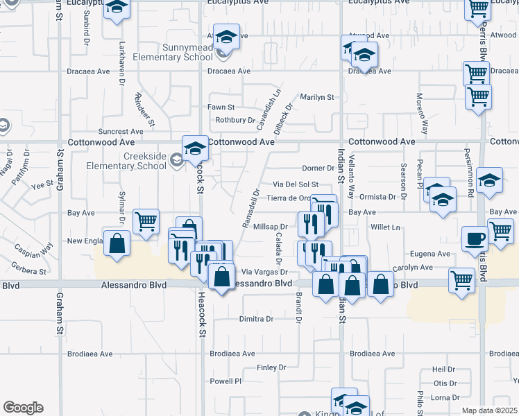 map of restaurants, bars, coffee shops, grocery stores, and more near 24250 Bay Avenue in Moreno Valley