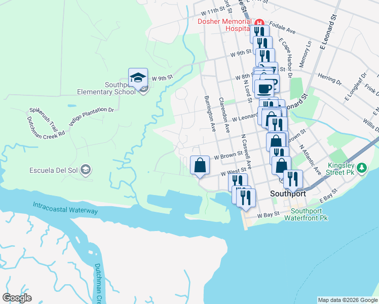 map of restaurants, bars, coffee shops, grocery stores, and more near 614 West Brown Street in Southport