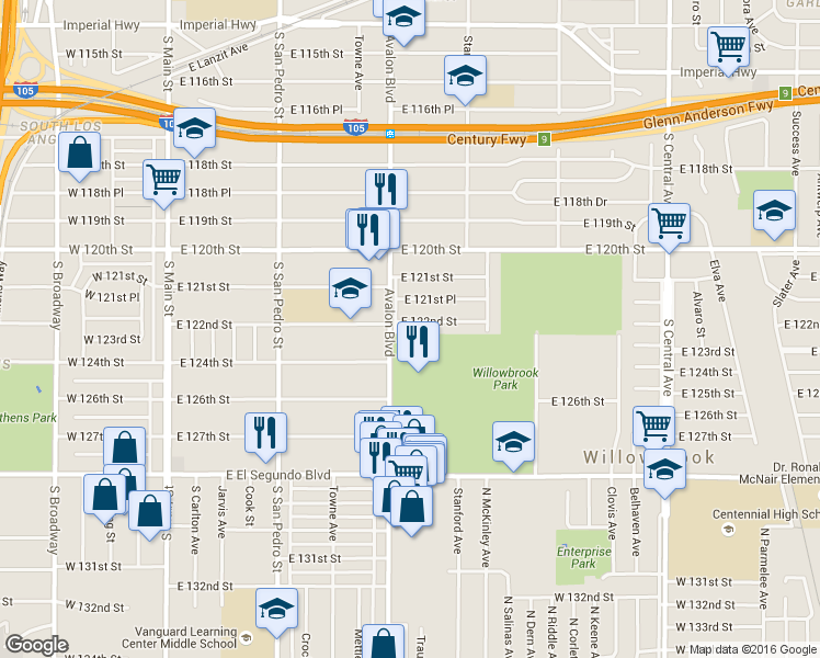 map of restaurants, bars, coffee shops, grocery stores, and more near 614 East 122nd Street in Los Angeles