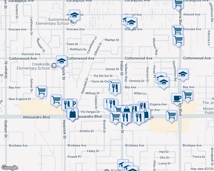 map of restaurants, bars, coffee shops, grocery stores, and more near in Moreno Valley