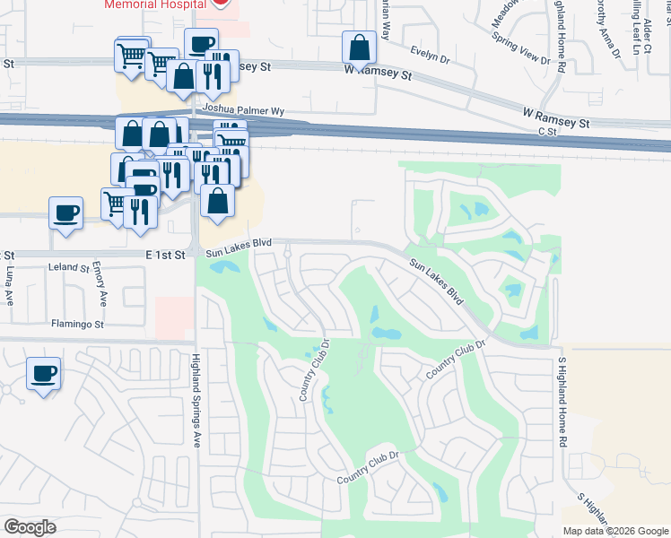 map of restaurants, bars, coffee shops, grocery stores, and more near 5785 Riviera Avenue in Banning