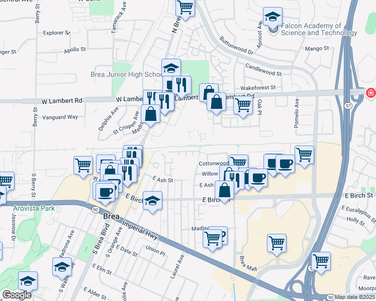 map of restaurants, bars, coffee shops, grocery stores, and more near 54 Paseo De Toner in Brea