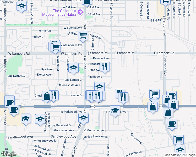 map of restaurants, bars, coffee shops, grocery stores, and more near 304 Pacific Avenue in La Habra