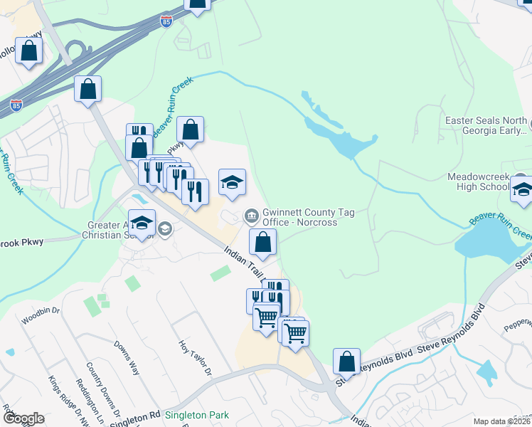 map of restaurants, bars, coffee shops, grocery stores, and more near 5030 Georgia Belle Court in Norcross