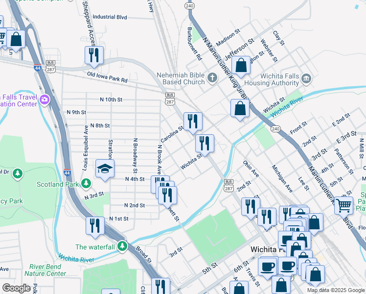 map of restaurants, bars, coffee shops, grocery stores, and more near 900 Lincoln Street in Wichita Falls