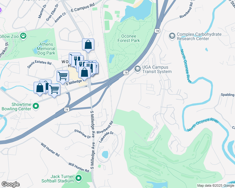 map of restaurants, bars, coffee shops, grocery stores, and more near 2530 Riverbend Road in Athens