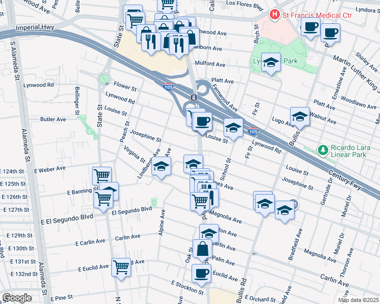 map of restaurants, bars, coffee shops, grocery stores, and more near 3378 Josephine Street in Lynwood