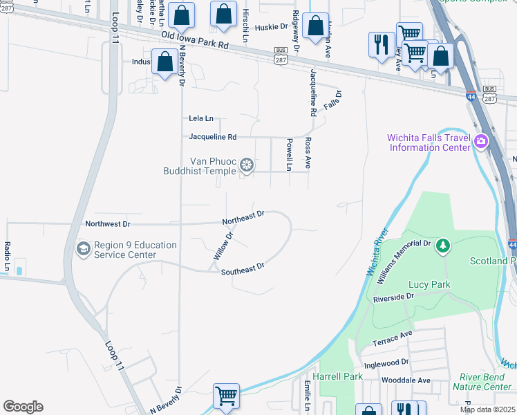 map of restaurants, bars, coffee shops, grocery stores, and more near 3118 Northeast Drive in Wichita Falls