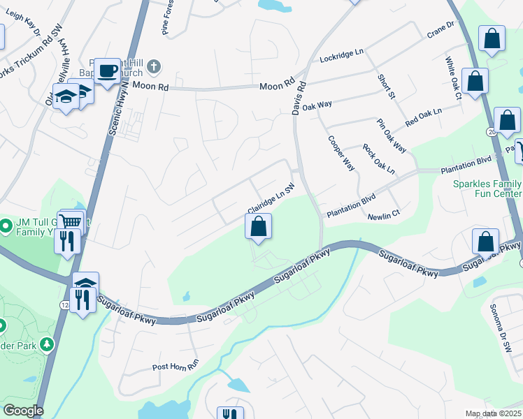 map of restaurants, bars, coffee shops, grocery stores, and more near 415 Clairidge Lane Southwest in Lawrenceville