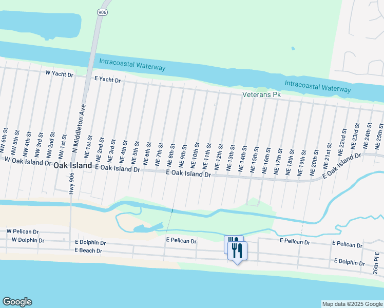 map of restaurants, bars, coffee shops, grocery stores, and more near 111 Northeast 10th Street in Oak Island
