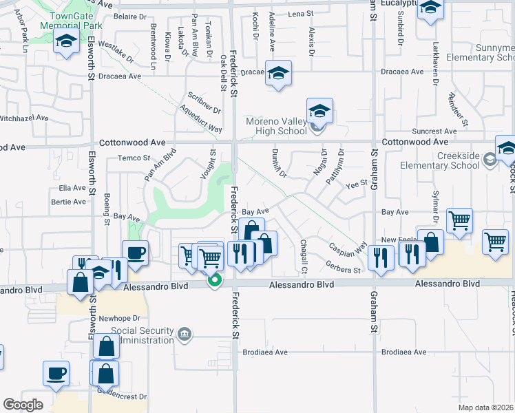 map of restaurants, bars, coffee shops, grocery stores, and more near 13719 Rena Court in Moreno Valley