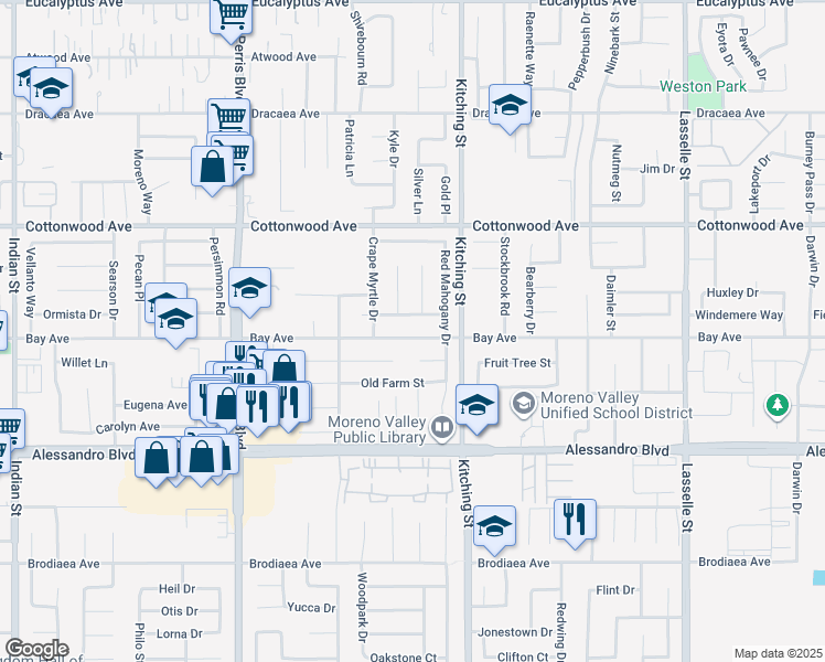 map of restaurants, bars, coffee shops, grocery stores, and more near 25438 Bay Avenue in Moreno Valley