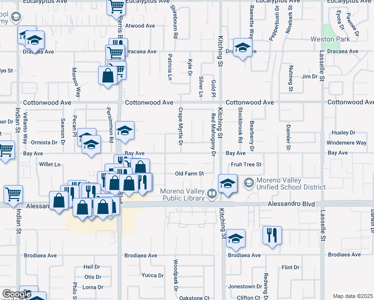 map of restaurants, bars, coffee shops, grocery stores, and more near 25322 Bay Ave in Moreno Valley