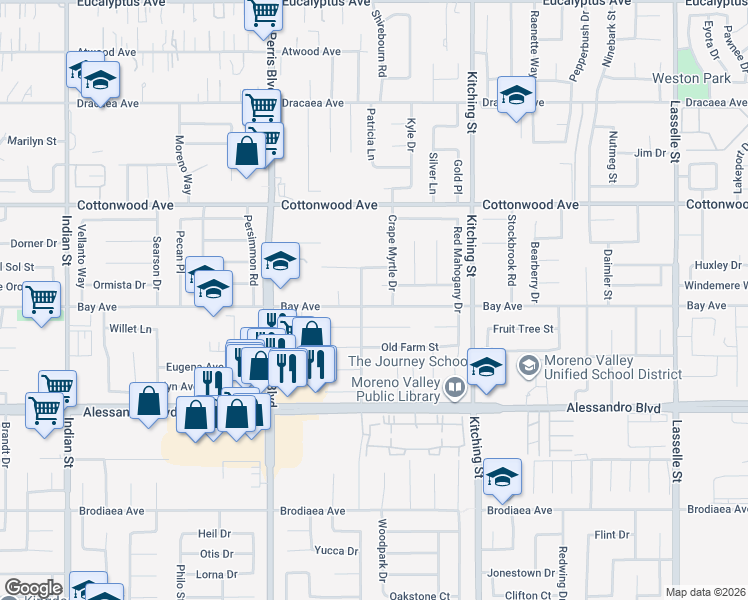 map of restaurants, bars, coffee shops, grocery stores, and more near 25252 Bay Avenue in Moreno Valley