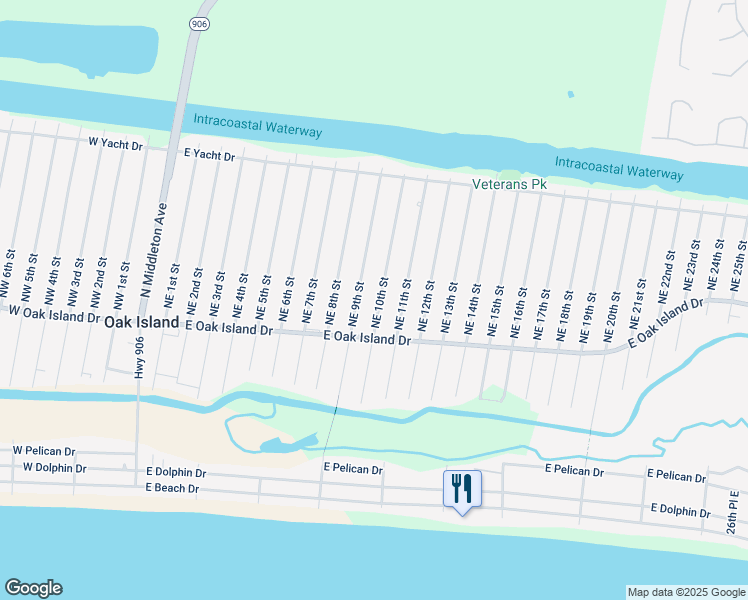 map of restaurants, bars, coffee shops, grocery stores, and more near 111 Northeast 10th Street in Oak Island