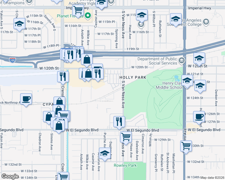 map of restaurants, bars, coffee shops, grocery stores, and more near 12043 Stanley Park Court in Hawthorne