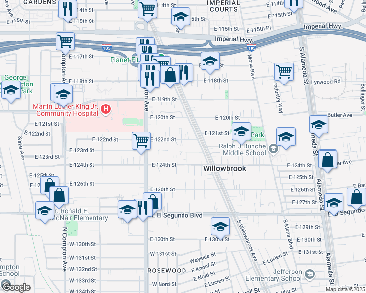 map of restaurants, bars, coffee shops, grocery stores, and more near 2106 East 122nd Street in Compton