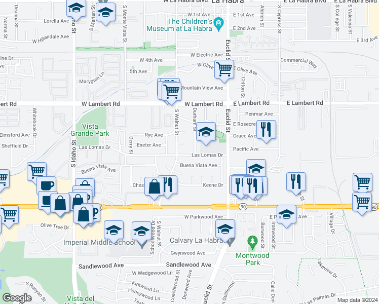 map of restaurants, bars, coffee shops, grocery stores, and more near 411 Las Lomas Drive in La Habra