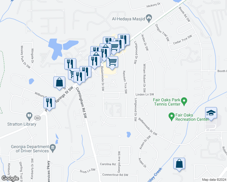 map of restaurants, bars, coffee shops, grocery stores, and more near 680 Springhollow Lane Southwest in Marietta